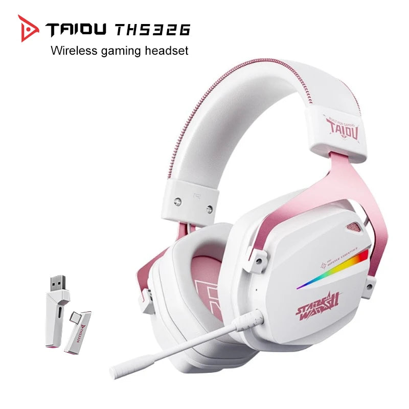 TAIDU THS326 Armor Gaming Headset 4 Mode 2.4G BT5.4 Wired 7.1 Surround Sound 50mm Driver 1000mAh Battery ENC Mic RGB Light Oasis Select THS326-Pink
