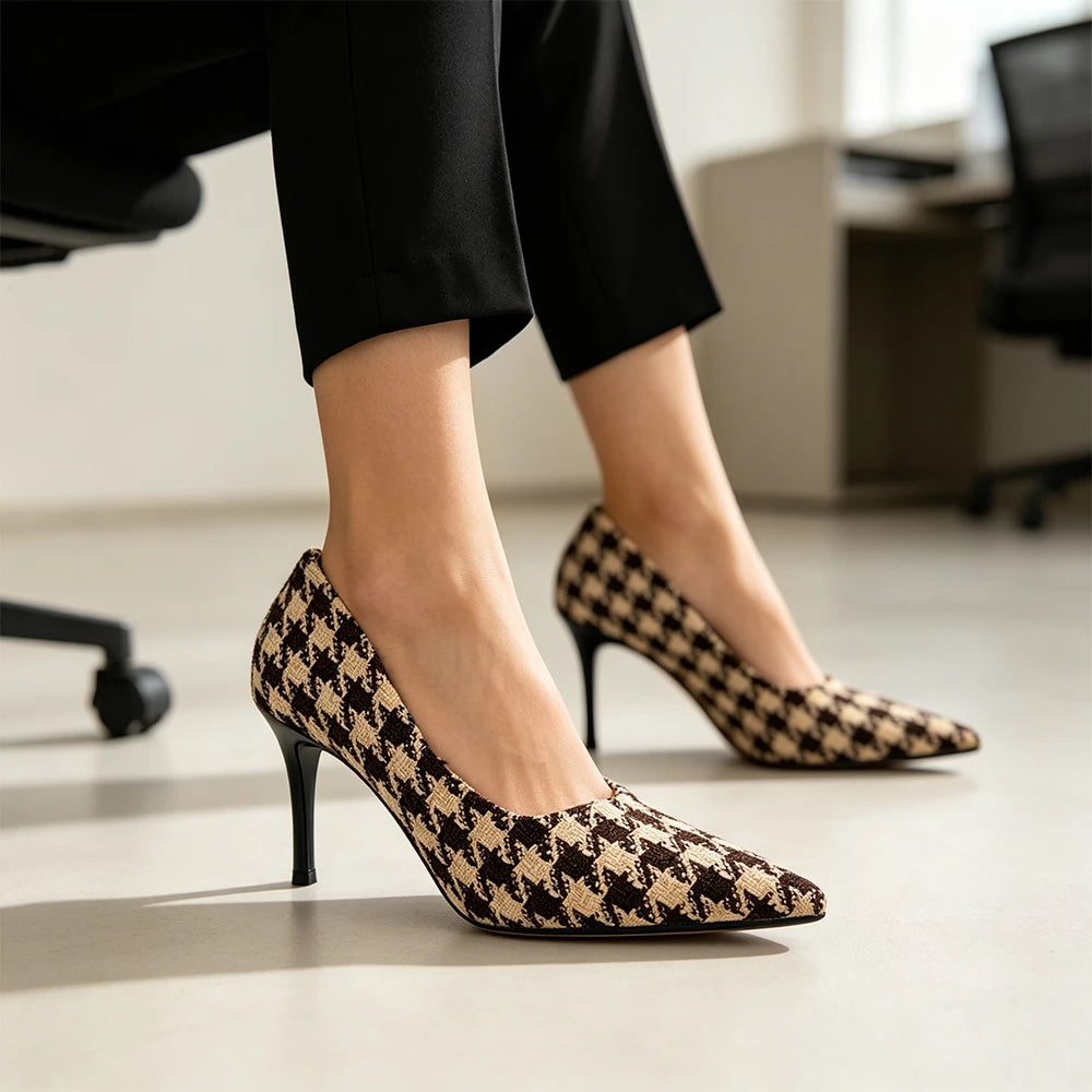 Women Vintage Coquette Houndstooth Heels 9cm Black Yellow Plaid Pointed Toe Pumps Office Party Shoes Non Slip Retro Fashion New Oasis Select