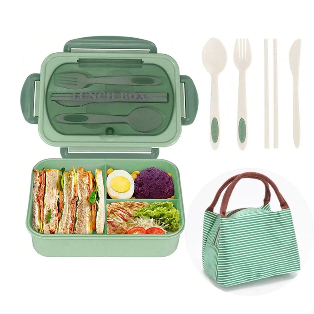 3-Compartment Bento Lunch Box Food Grade PP Microwave Safe Leakproof Reusable with Cutlery Thermal Bag for Office Students Oasis Select Green-set 3