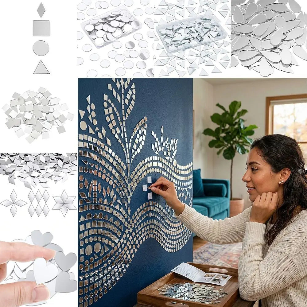 200PCS Multi Shape DIY Craft Mirror Stickers Round Square Triangle Diamond Heart Waterdrop Mirror Tiles Decals Adhesive Backing Oasis Select