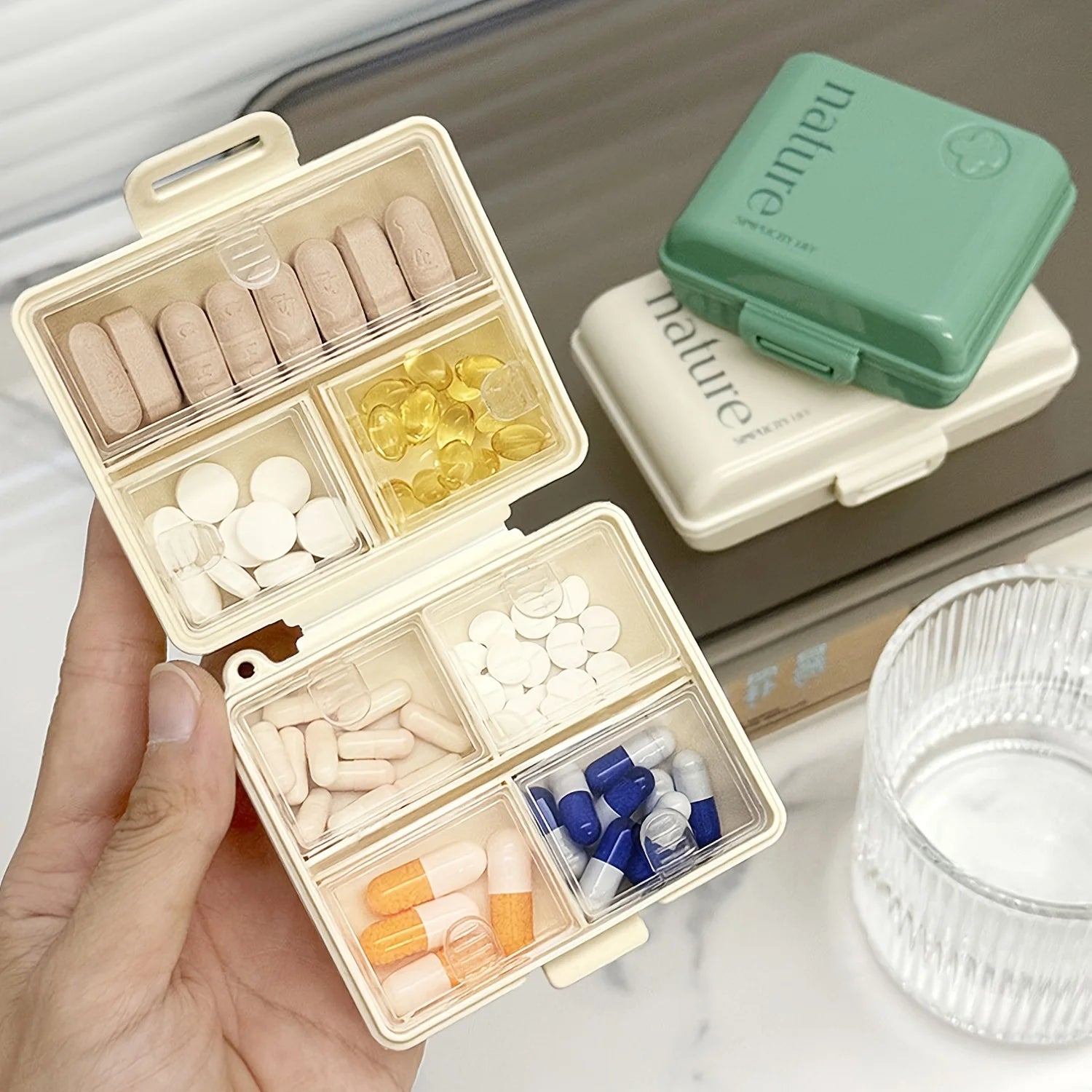 Japanese Style Portable Medicine Box Large Capacity Seven Days Week Pill Organizer Sealed Durable Personal Medicine Storage Case Oasis Select