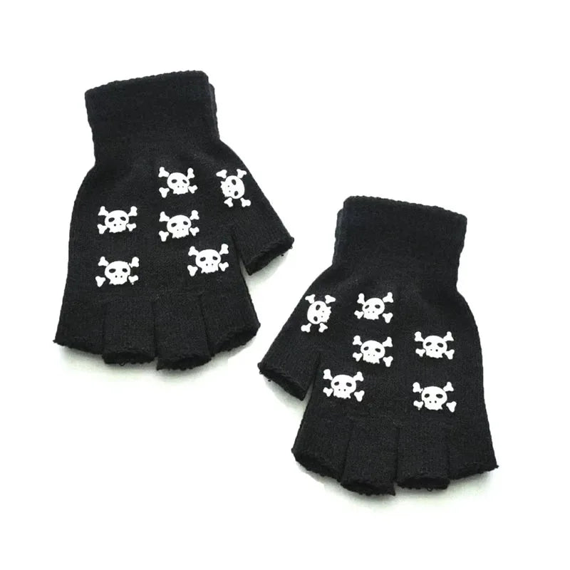 1/2/3/4pairs Adult Kids Halloween Skull Half-Finger Punk Gloves Winter Skull Fingerless Black Gloves Oasis Select 03-1pair