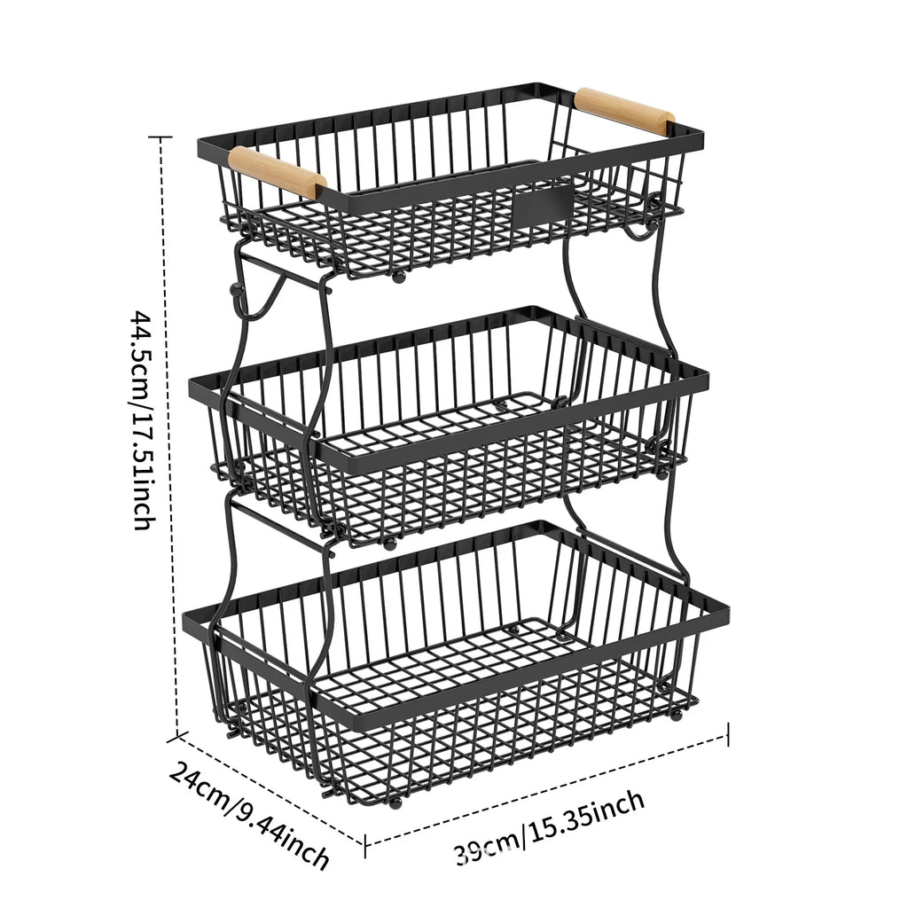 Kitchen Fruit Shelf Living Room Double-layer Removable Storage Rack Tray Wooden Handle Portable Vegetable and Fruit Basket Oasis Select Black three layers
