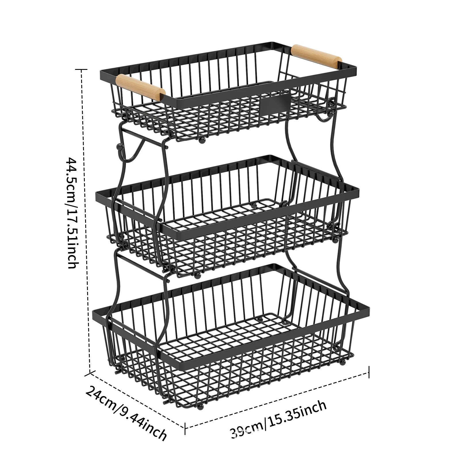 Kitchen Fruit Shelf Living Room Double-layer Removable Storage Rack Tray Wooden Handle Portable Vegetable and Fruit Basket Oasis Select Black three layers