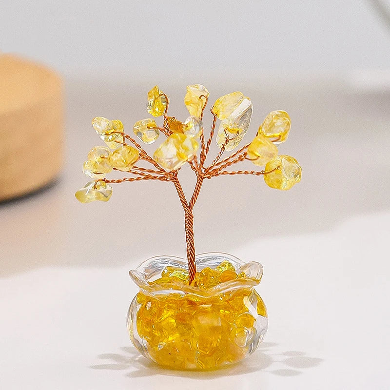 Natural Yellow Crystal Money Tree Mini Red Agate Office Desk Ornament Cartoon Feng Shui Lucky Plant Decor for Business Space Oasis Select Yellow