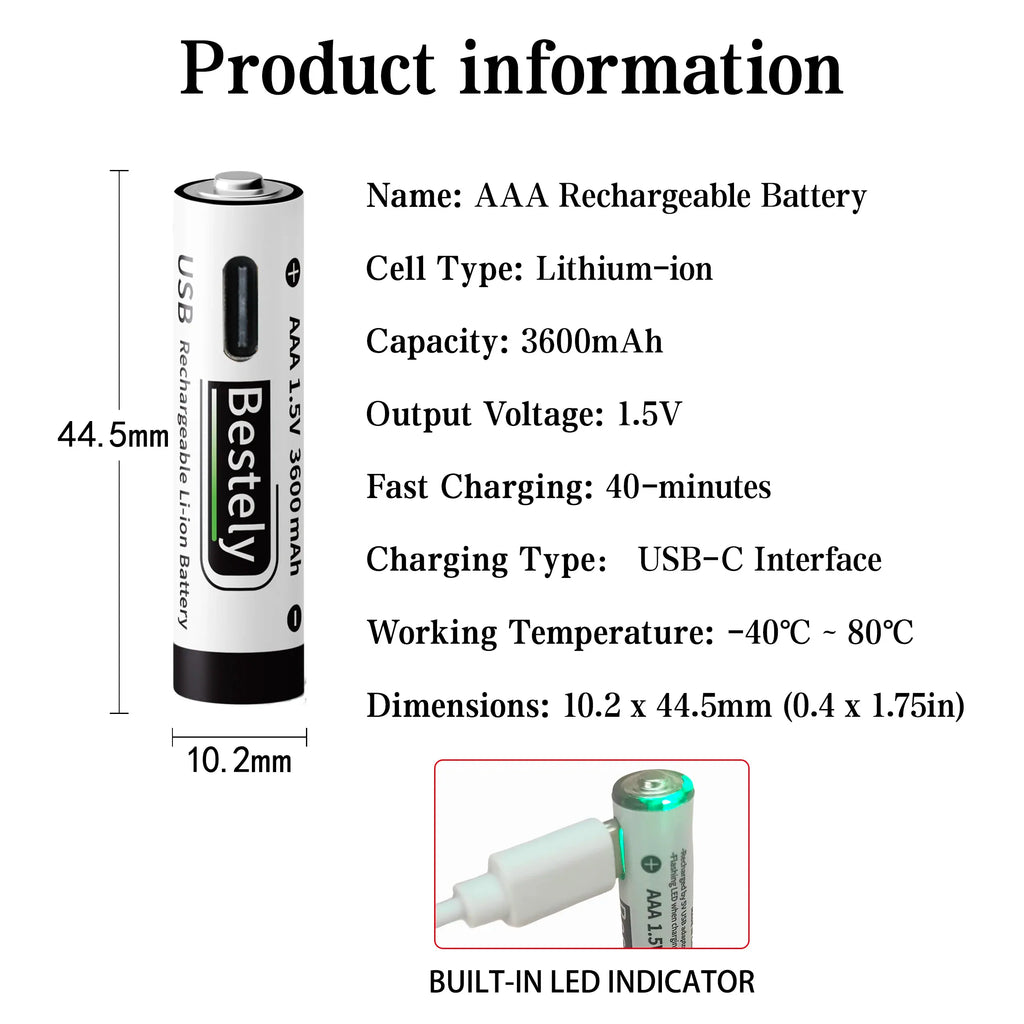 New USB-C 1.5v AAA 3600mAh Rechargeable Lithium ion Battery,Rechargeable AAA Li-ion Type-C Battery,2000 times cycle with Cable Oasis Select
