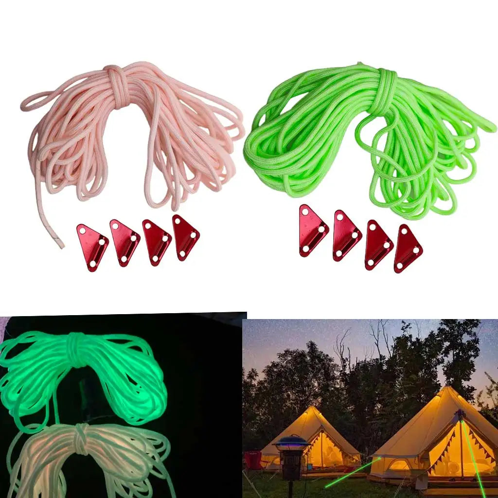 Camping 8meters 4mm Glow in The Dark Guyline Paracord Reflective Tent Awning Guy Line Rope With 4pcs AluminumTriangle Tensioners Oasis Select