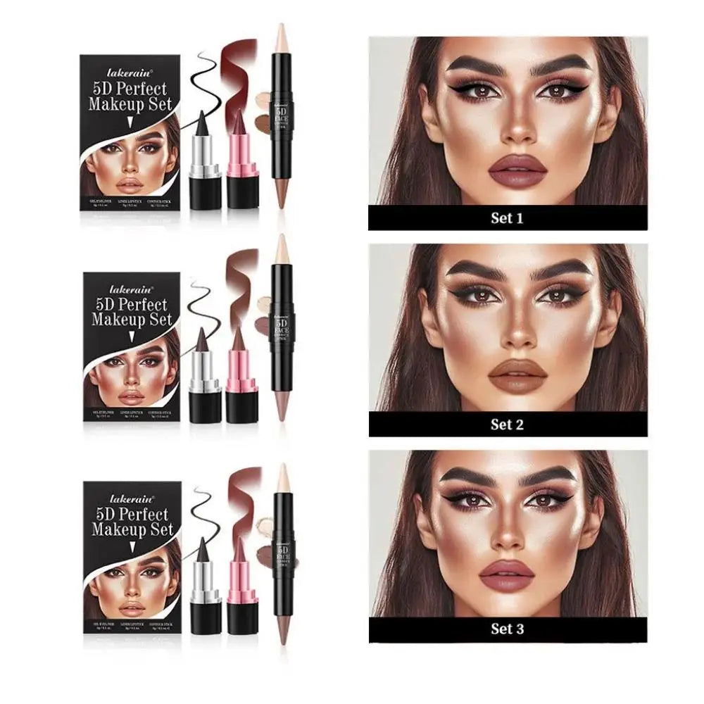 3pcs Matte Velvet Lipstick Set Waterproof Eyeliner Contour Stick Long Lasting Natural Makeup Kit For Face Beauty Oasis Select