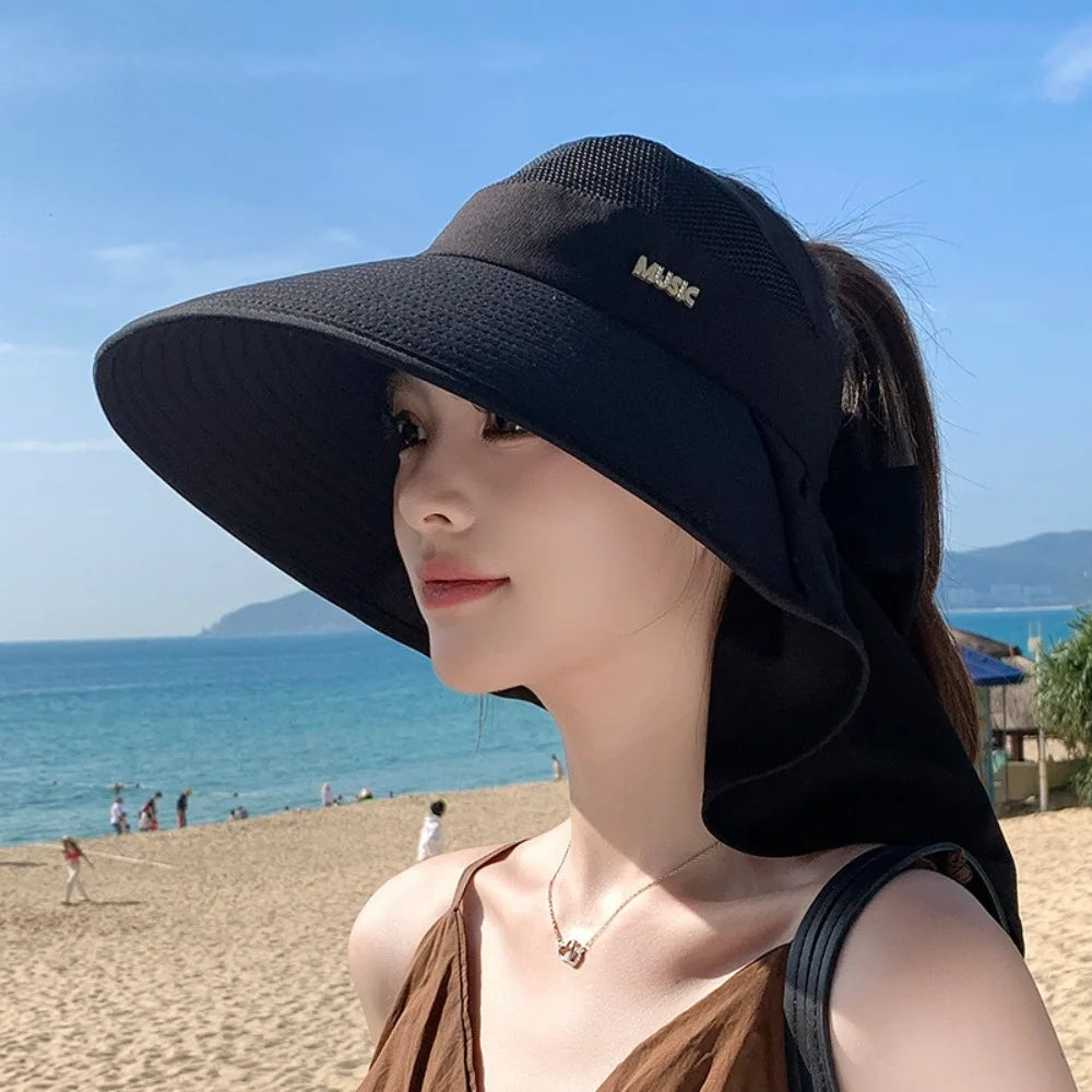 Summer Large Brim Sun Hat Neck Protection Anti-UV Empty Top Ponytail Cap Sun Protection Breathable Beach Shawl Hat Oasis Select Black