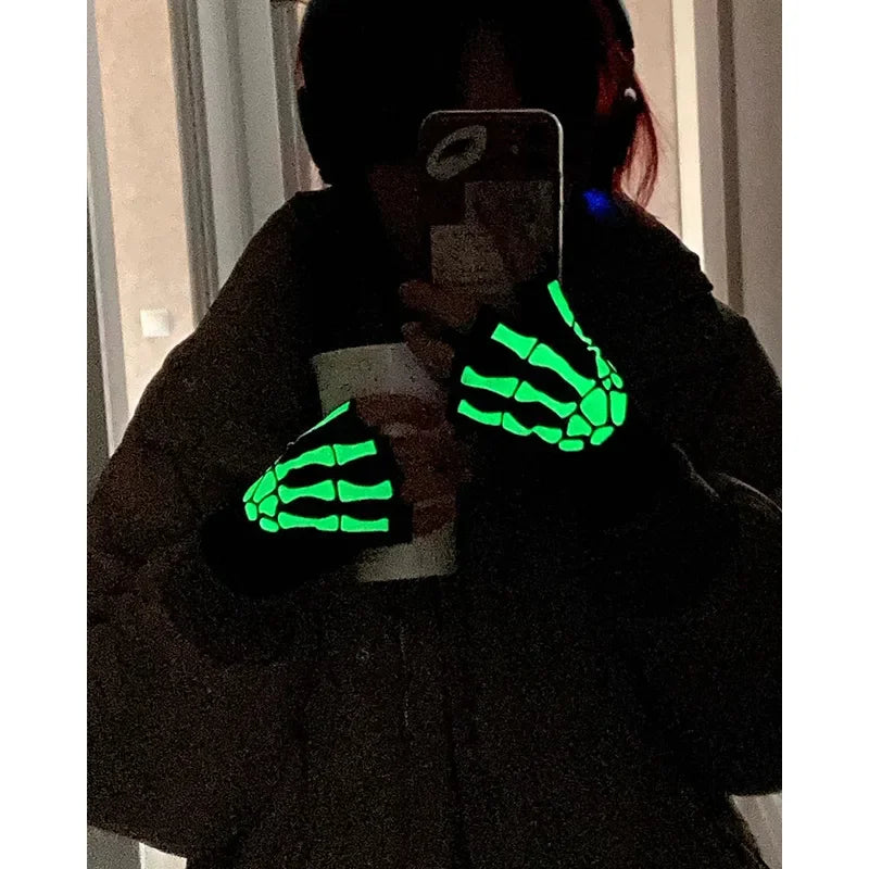 1/2/3/4/5/6pairs Luminous Skull Half Finger Gloves Halloween Role Gloves Autumn/Winter Warm Knitted Gloves Elastic Gloves Oasis Select