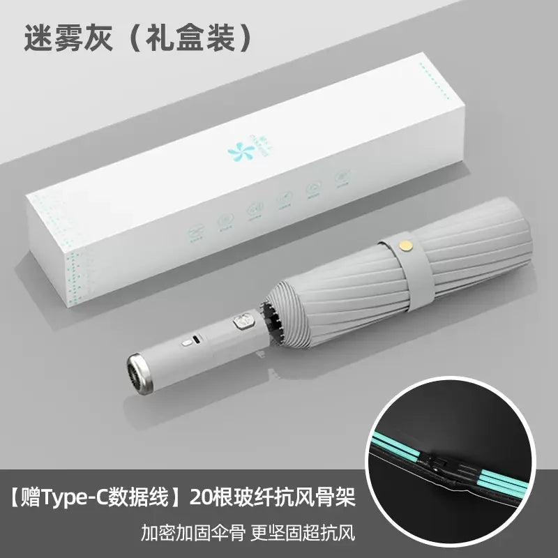 Come with fan umbrella ten bones automatic folding sunblock shade double cooling rain and sunshine fan umbrella Oasis Select Gray