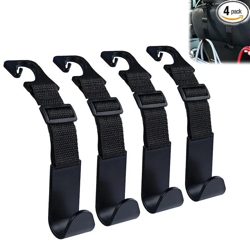 Car Seat Headrest Hooks 4Pcs, Adjustable Reusable Car Interior Accessories, Auto Storage Clips Fasteners, Easy to Install Oasis Select Black