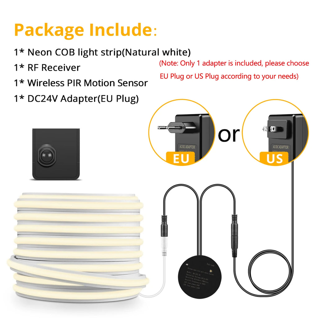 24V Wireless PlR Motion Sensor COB LED Neon Strip NightLight for Bed Bathroom Stair Hallway Lighting 3/5/10m Solid Silicone Tape Oasis Select 10M Length 1Sensor NeutralWhite US