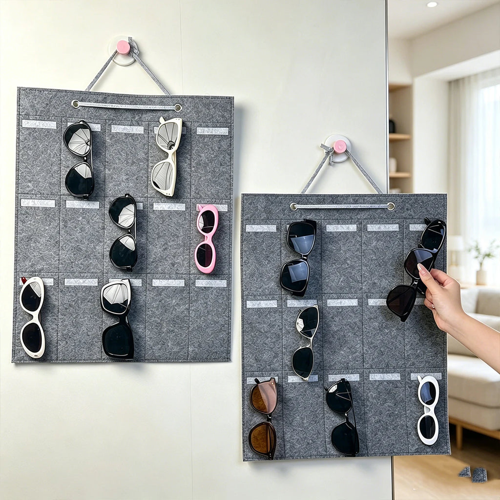 1pc foldable portable gray felt glasses storage bag saves space 15 vertical independent pockets and a mesh glasses display bag Oasis Select