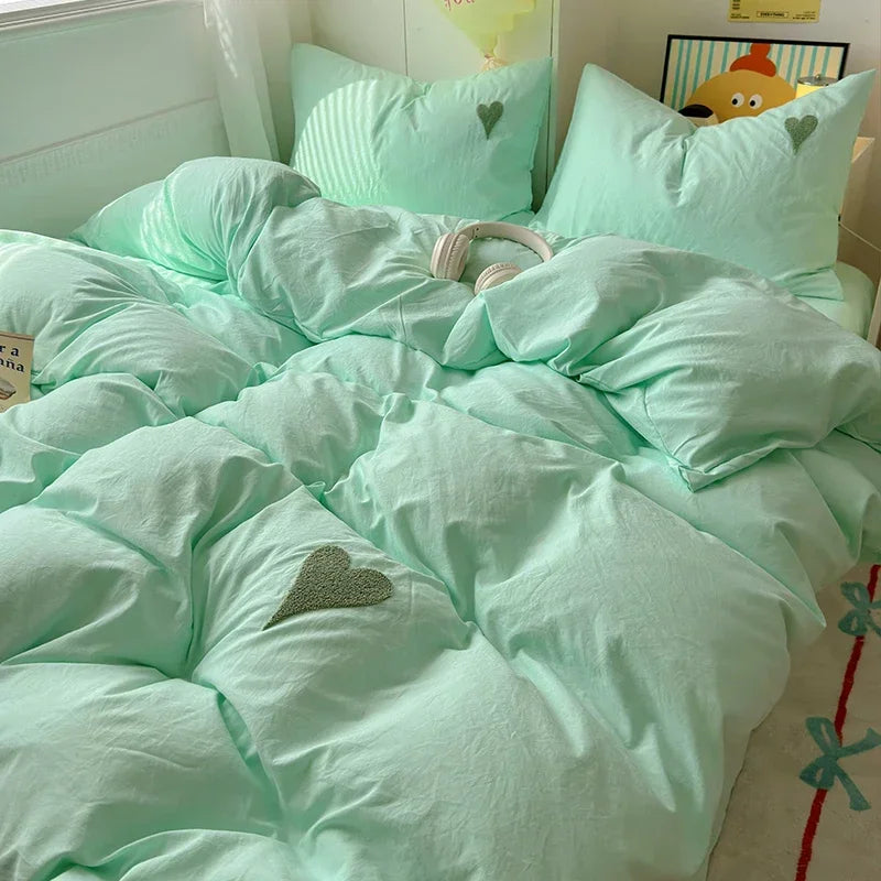 Washed Cotton Bedding Set Super Soft Cool Black Duvet Cover Set Heart-shaped Towel Bedding Skin Friendly Duvet Covers Bed Sheets Oasis Select Green 150x200 4pcs