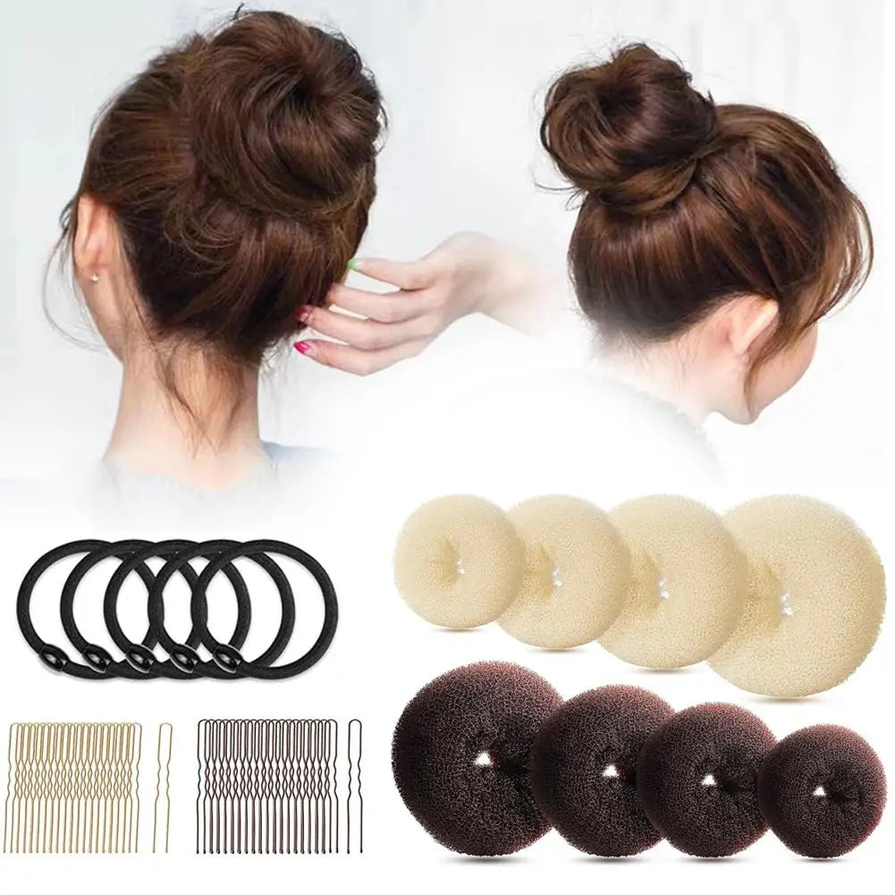 Donut Hair Bun Maker Set for Women Girls- 2 Colors Small Size Hair Bun Maker, Hair Donuts for Buns, Elastic Bands, Hair Pins Oasis Select