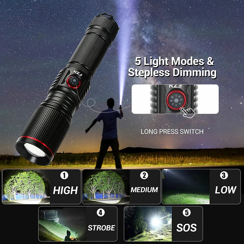 Portable Powerful LED Flashlight 2000LM Tactical Zoom Torch USB Rechargeable 18650 or 21700 Battery Camping Fishing Lantern Oasis Select