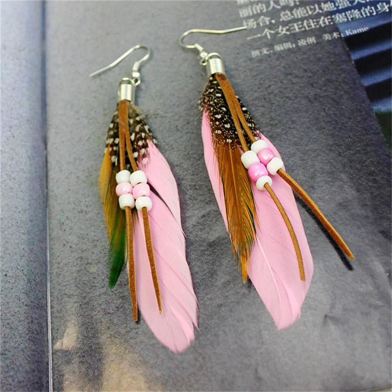 Tassel Dangling Earrings Colorful Feather Leather Beads Earrings Indian Feathers Summer Womens Fashion Jewelry Oasis Select MR-08