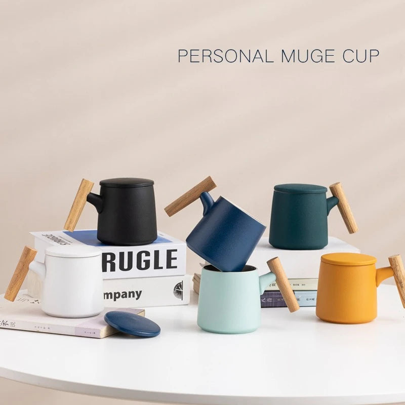 Office Wooden Handle Mug Japanese-style Ceramic Office Tea Cup Frosted Water Cup Three-piece Set with Lid Filter Mug Coffee Mug Oasis Select