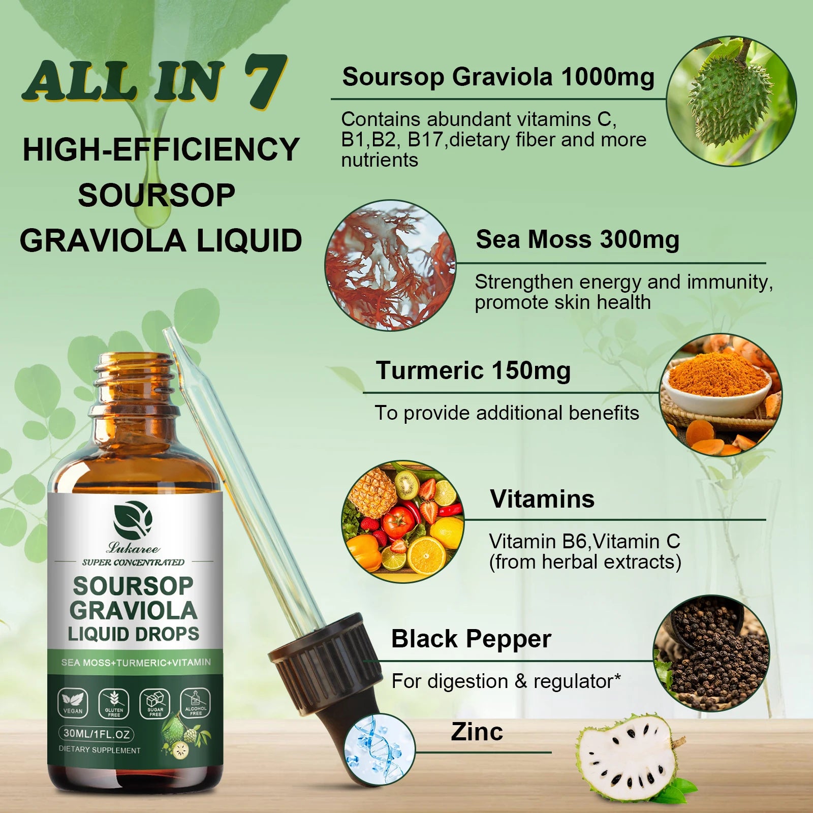 30ML Soursop Graviola Extract Drops Support Immunity and Digestion ,Metabolism Health, Detox and Antioxidation Gluten-Free Oasis Select