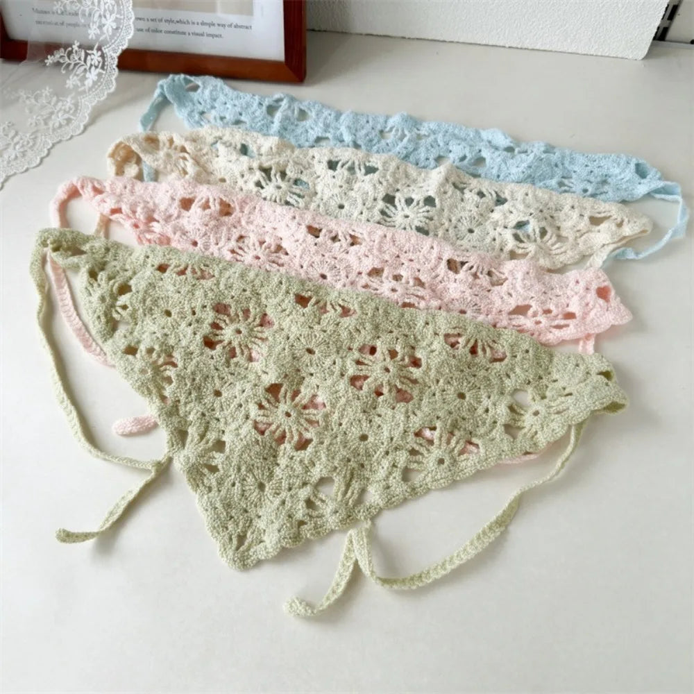 French Handmade Knitted Headscarf Hat Hollowed Sunshade Crochet Headband Triangle Flower Headscarf Beach Photography Oasis Select