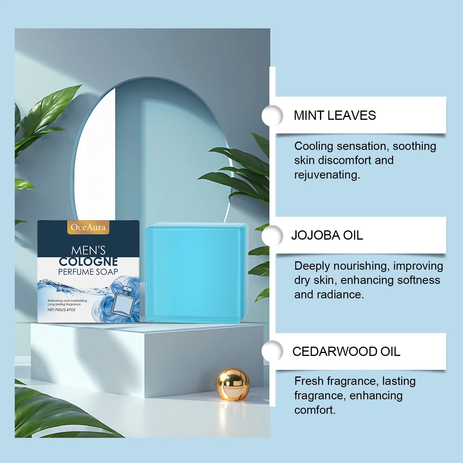 OceAura Men's Perfume Bath Soap Gentle Cleansing Body Skin Refreshing Non-oily Comfort Care Soap Cool Texture 70g Oasis Select