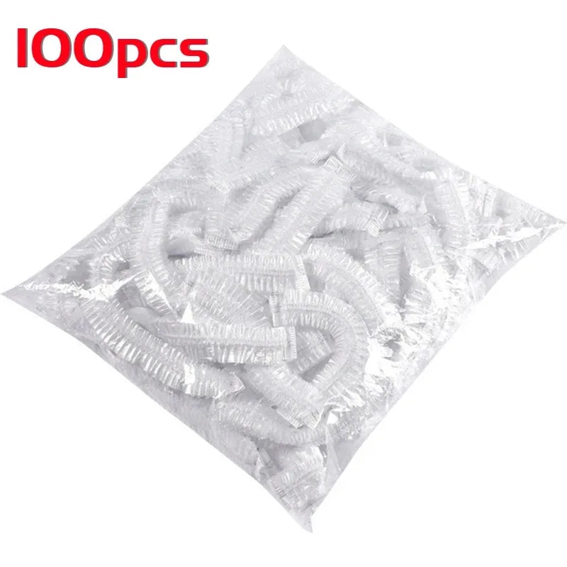 Women's Disposable Shower Cap, Plastic Waterproof Head Cover, Pink Spa Salon, Hotel Hair Dye, Elastic Hair Cap, 100 Pieces/set Oasis Select WHITE
