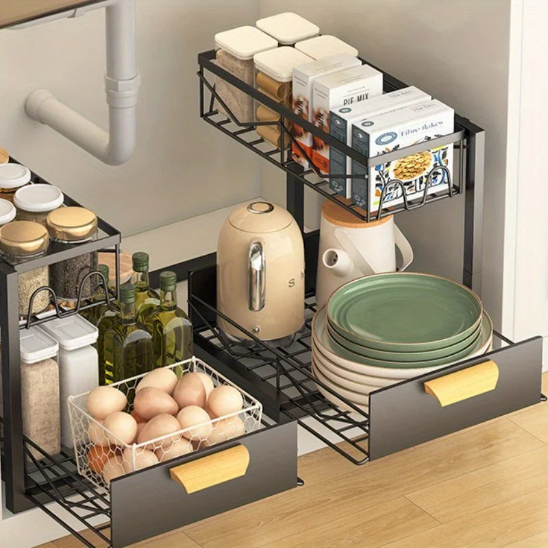 2-Tier Sliding Under Sink Organizer - Rustproof Metal Storage for Kitchen & Bathroom Cabinets,Ideal for Cleaning Supplies Oasis Select
