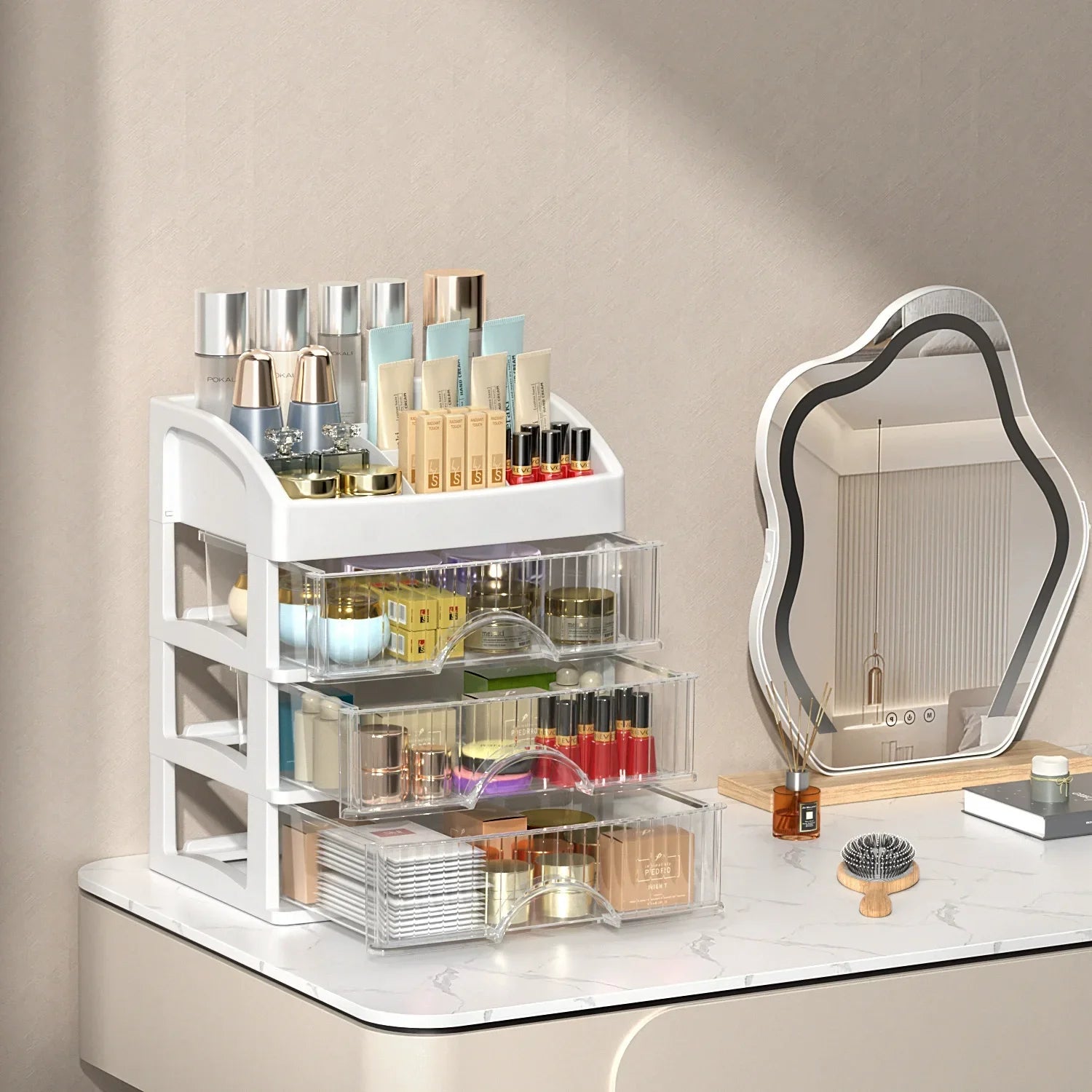 1pc Drawer Makeup Organizer Large Capacity Plastic Makeup Storage Box Lipstick Holder Large Capacity Office Supplies Storage Box Oasis Select 4 layer white B