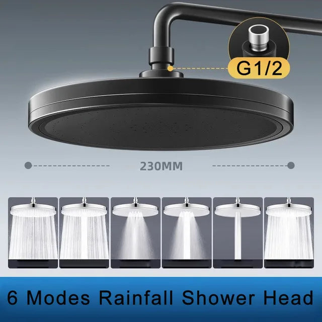 New 6 Modes Big Panel Large Flow Supercharge Rainfall Shower Head High Pressure Top Rain Shower Faucet Bathroom Accessories Oasis Select Black