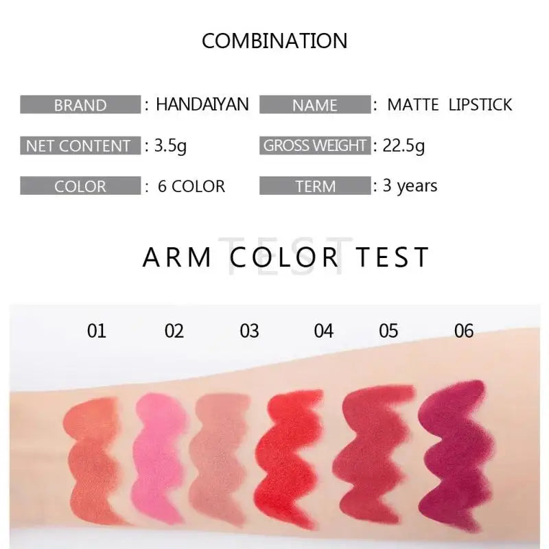 HANDAIYAN Matte Lipstick – 6 Shades, Long-Lasting & Moisturizing