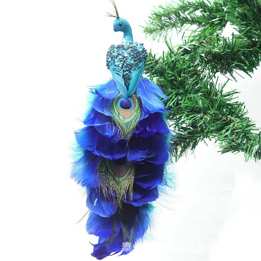 Glitter Blue Peacock Christmas Ornament with Real Tail Feather Christmas Ornament Oasis Select