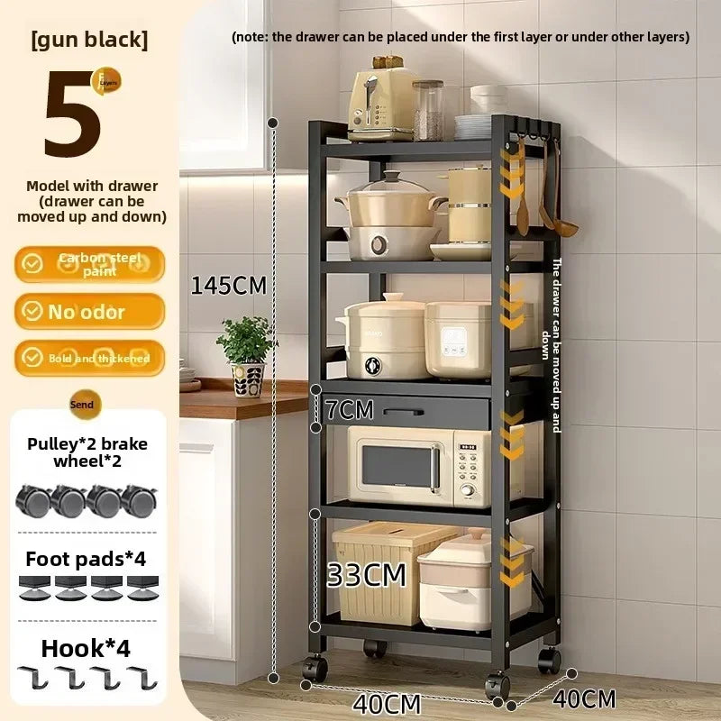 Kitchen rack Floor-to-ceiling multi-layer crevice storage rack Oven microwave oven with drawer storage rack Durable Oasis Select Black-40-5