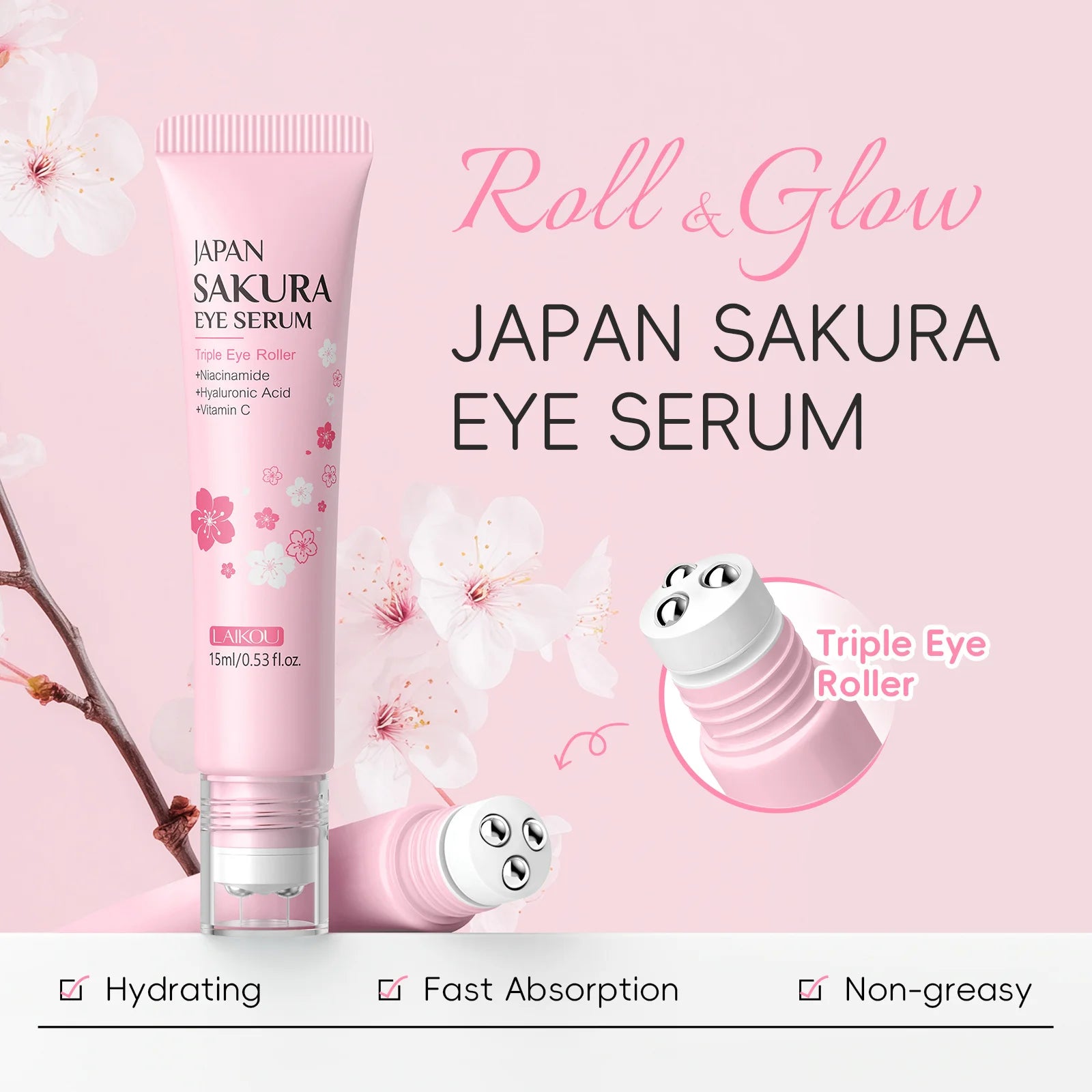 LAIKOU Sakura Eye Serum Roller 15ml | Niacinamide & Hyaluronic Acid