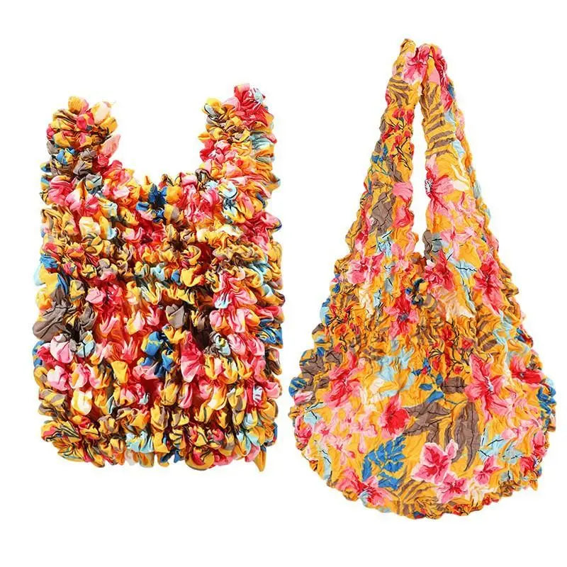 Flower Expansion Fold Pleated Flexible Stretch Mini Shopping Bag Large Capacity Bubble Elastic Portable Handbag Storage Bag Oasis Select A10