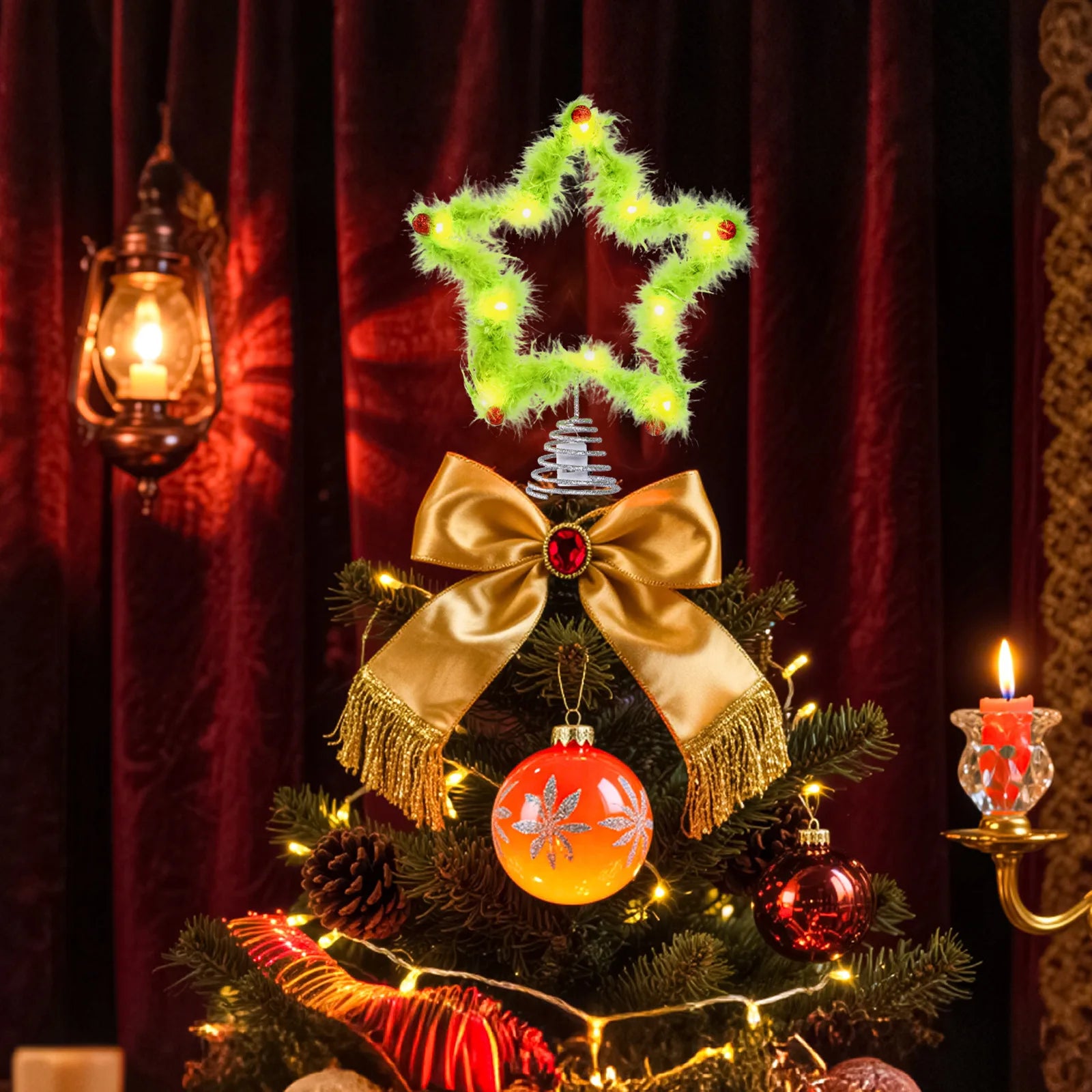 Holiday Festive Grinch Tree Topper Christmas Fuzzy Star Iron Green Plush Home Party Decor Ornament Oasis Select