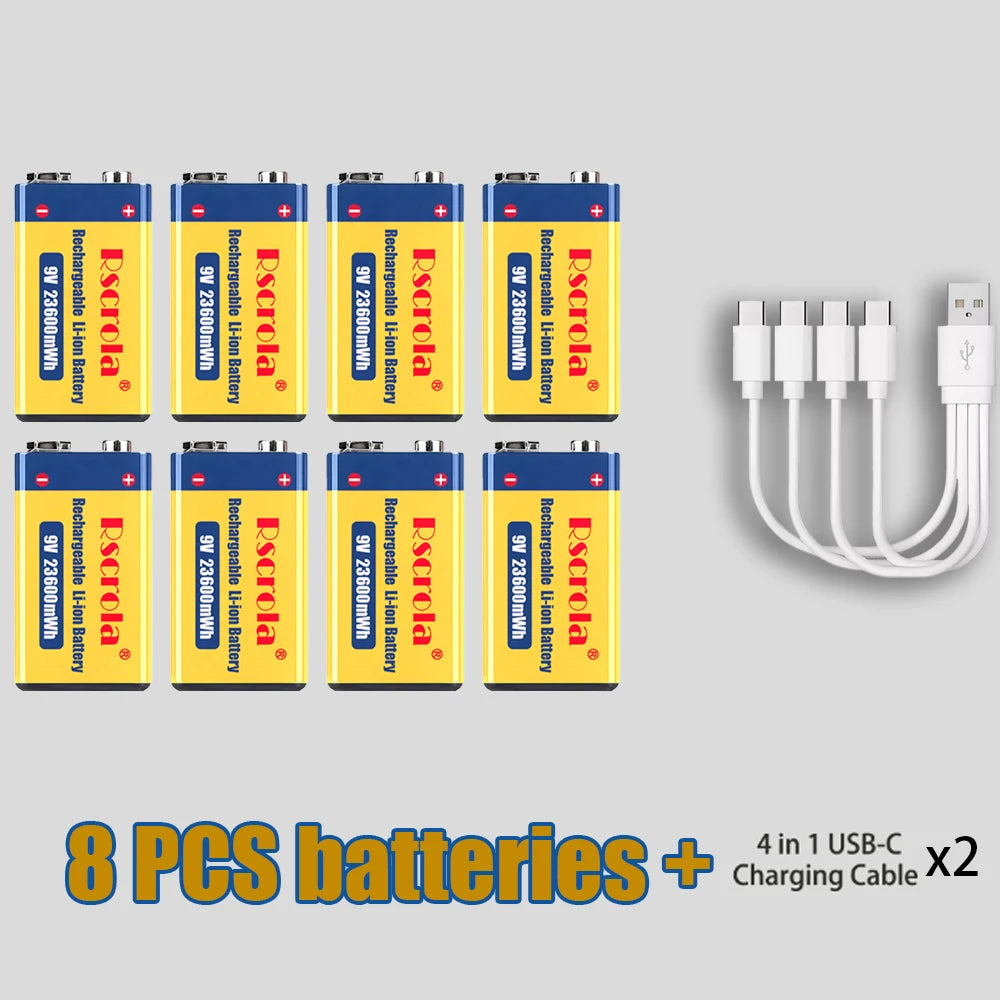 9V 23600mWh USB Lithium-ion Batteries 9V 6F22 Li-po Battery Constant Voltage 9V Output USB Li-ion Rechargeable Batteries Oasis Select 8 PCS Batteries