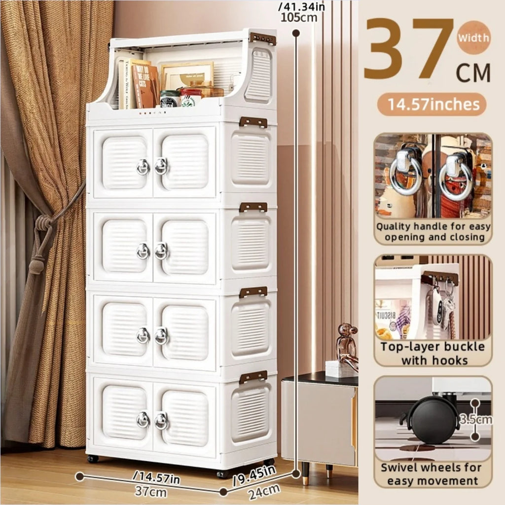 37cm Foldable Double-Door Storage Cabinet-Large Capacity Mobile Organizer with Wheels for Kitchen, Bedroom,Living Room Storage Oasis Select 5 Layers White