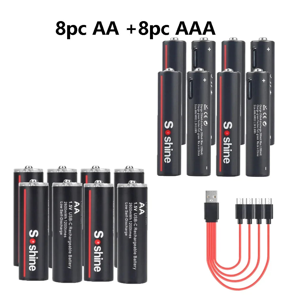 Soshine USB Lithium-ion 600mWh 1.5V AAA Rechargeable Batteries+2600mWh 1.5V AA Battery Li-ion AA and AAA Rechargeable Batteries Oasis Select 8pc AAAand AA 1.5V