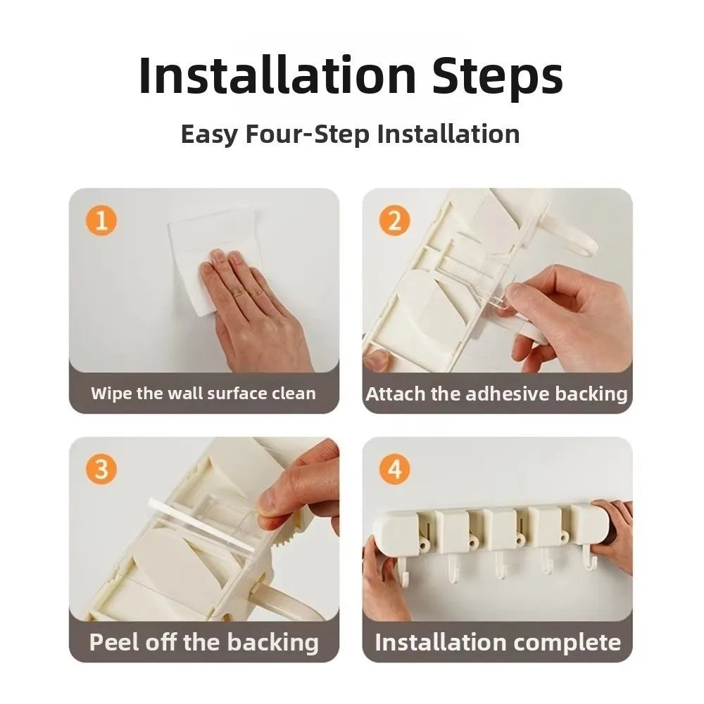 Practical Automatic Adjustable Mop Clip 5 Hook Wall Mounted Broom Organizer Clip Rolling Moisture-Proof Broom Hanger Shower Room Oasis Select