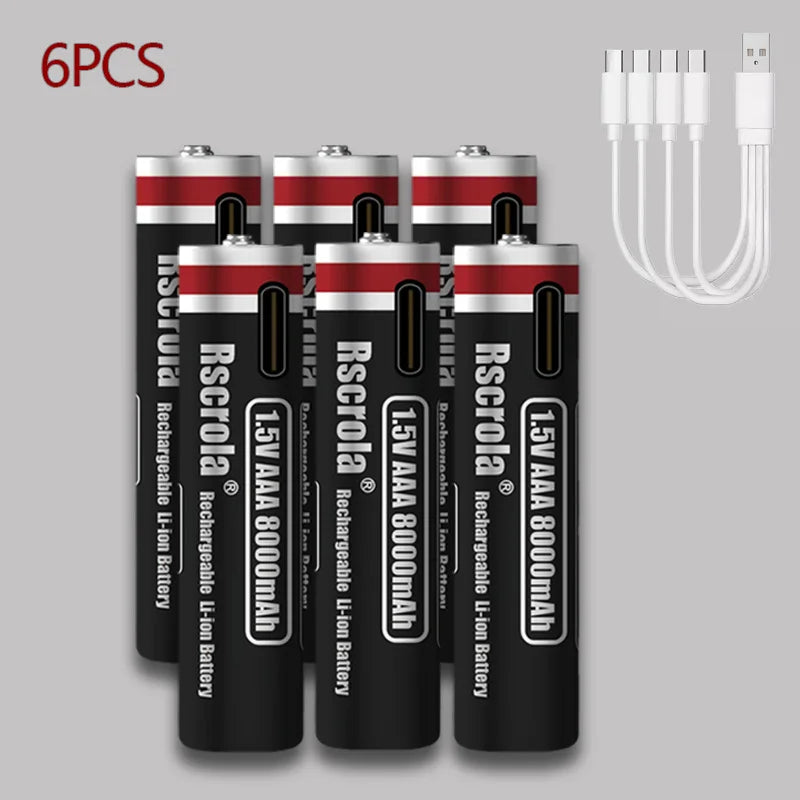 1.5V AAA 8000mAh Lithium Battery - USB Type-C Rechargeable for Portable Speakers, Gamepads, Clocks & Flashlights Oasis Select 6 pcs AA Batteries 1.5V