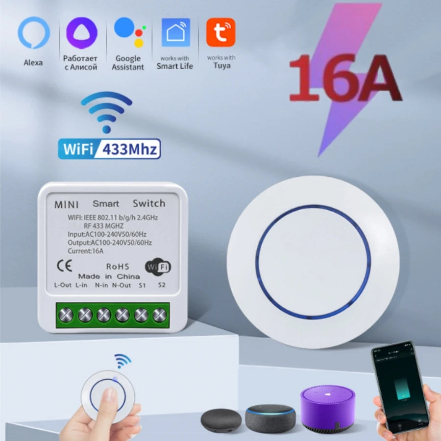 Tuya WiFi Smart Light Switch 16A 433MHz Wireless Remote Control Relay Controller Voice Control Works With Alexa Google Home Oasis Select