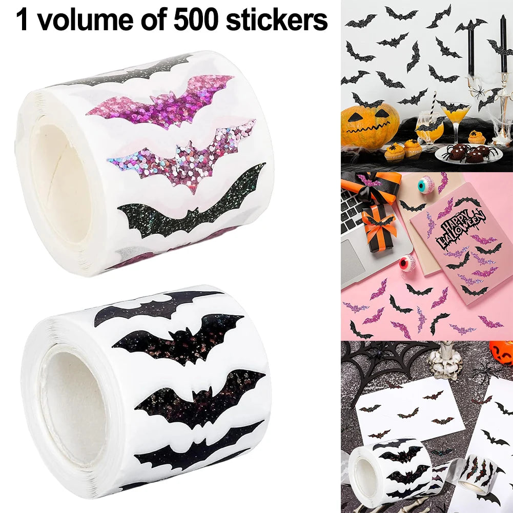 500pcs Halloween Bat Stickers Roll – Glitter Waterproof Decals Halloween Sticker Roll Oasis Select