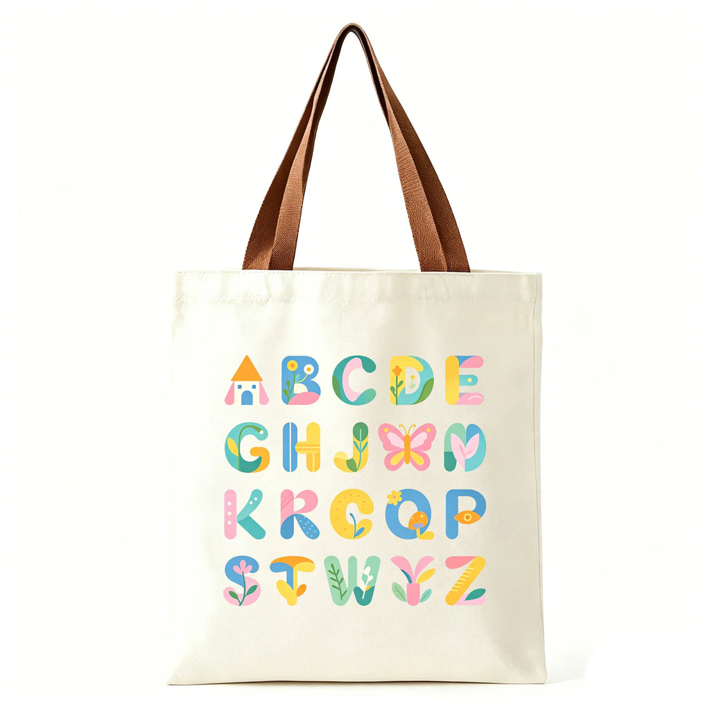 Colorful ABC Print Canvas Tote Bag Large Eco Reusable Shoulder Bag Student Teacher School Shopping Bag Oasis Select Brown 30 40cm