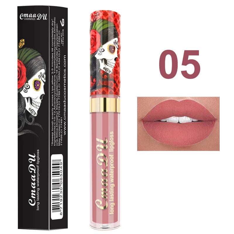 1pcs Matte Lip Gloss - Long-Lasting, Waterproof, Non-Fading, for All Skin Types - Vibrant Red Shades with Floral & Skull Designs Oasis Select 05
