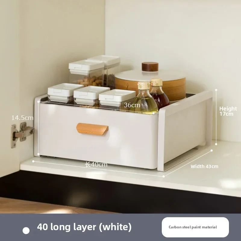 Multi-functional Kitchen Lower Sink Shelf Seasoning Dishes Pull-out Storage Box Sink Storage Rack Cabinet Pull Basket Layer Rack Oasis Select White A-1-40
