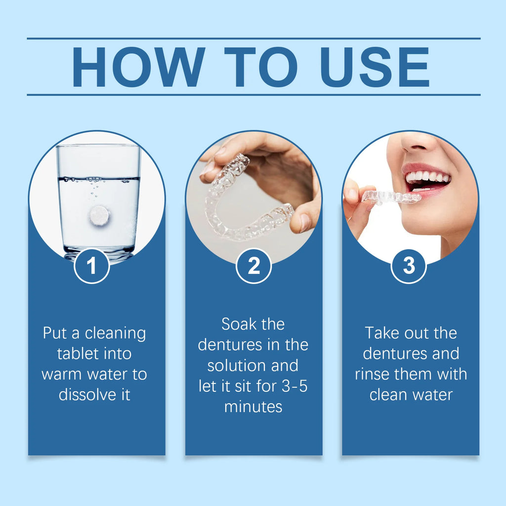 Denture Cleaning Tablets Whitening Removing Stains Plaque Fresh Breath Antibacterial Portable False Teeth Effervescent Pills Oasis Select