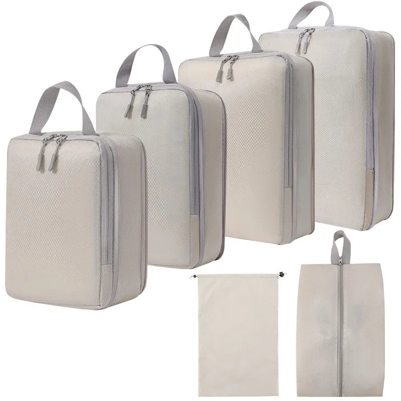 Set/6 pcs Compressible Packing Travel Storage Bag Cubes Waterproof Suitcase Nylon Portable With Handbag Luggage Organizer Oasis Select 6pcs Beige