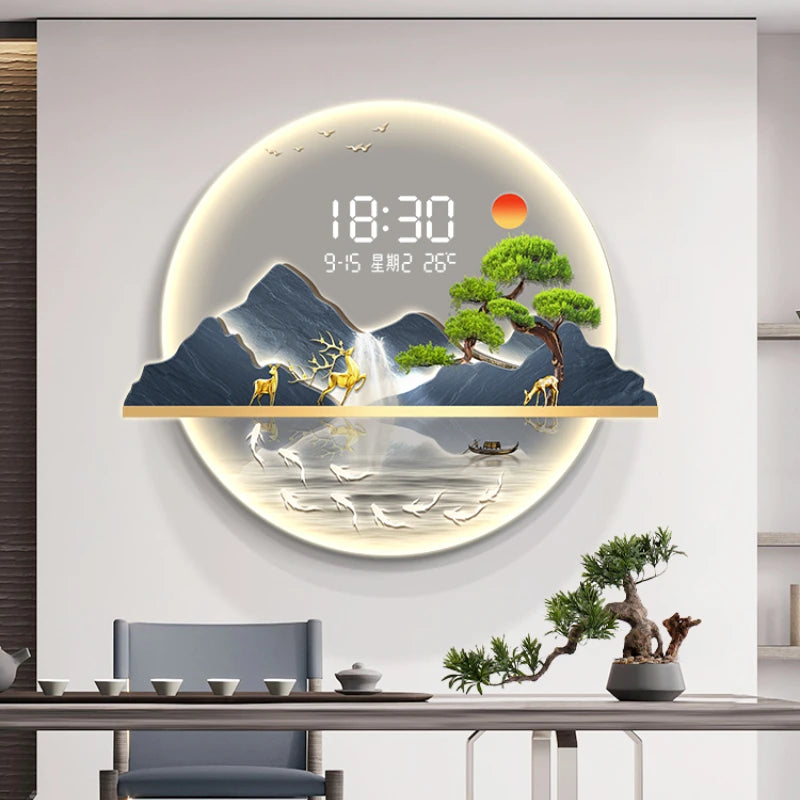 Round Greeting Pine Luminous Electronic Clock Guest Restaurant Porch Decorative Painting LED Light Hanging Wall Clock Oasis Select