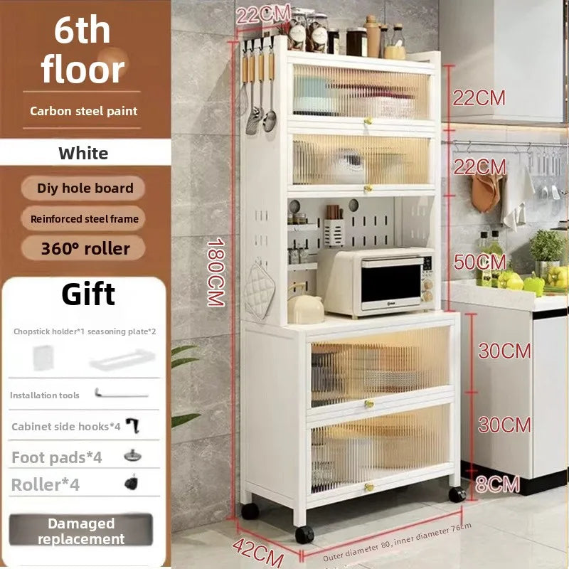 Kitchen Locker Carbon Steel Shelf with Door Household Side Cabinet Microwave Oven Storage Cabinet Cross-border Oasis Select Sixth floor 80 white